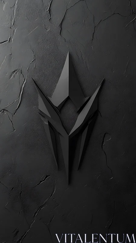 Angular black emblem rests over cracked matte stone wall.