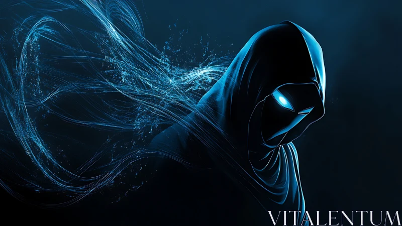 Hooded digital wraith with glowing blue eyes in motion.