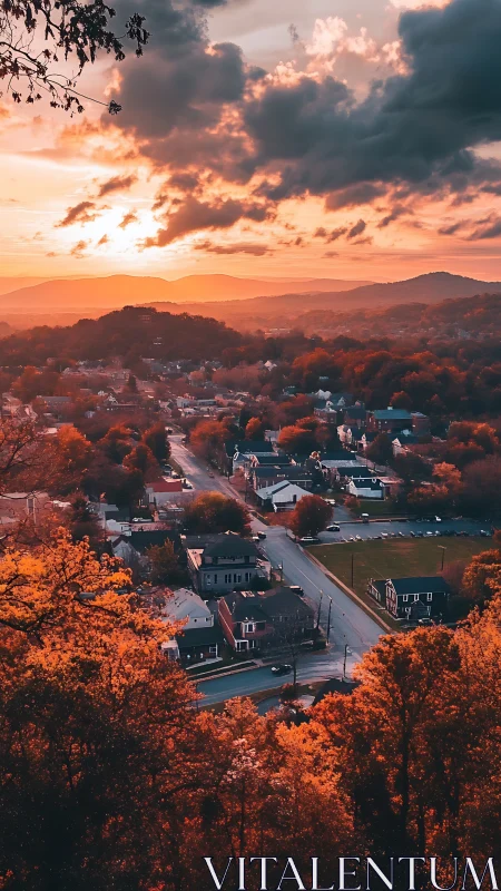 Autumn hillside town under dramatic sunset sky glow.