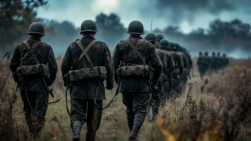 Soldiers march through misty autumn field toward distant front