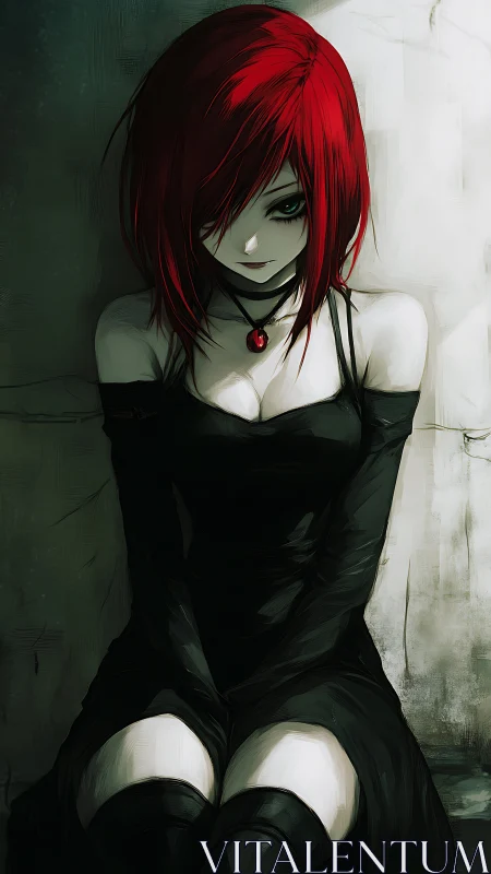 Gothic anime girl sits in shadow, red hair softly glowing