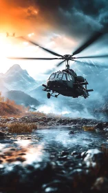 Military helicopter skims river under stormlit alpine sky