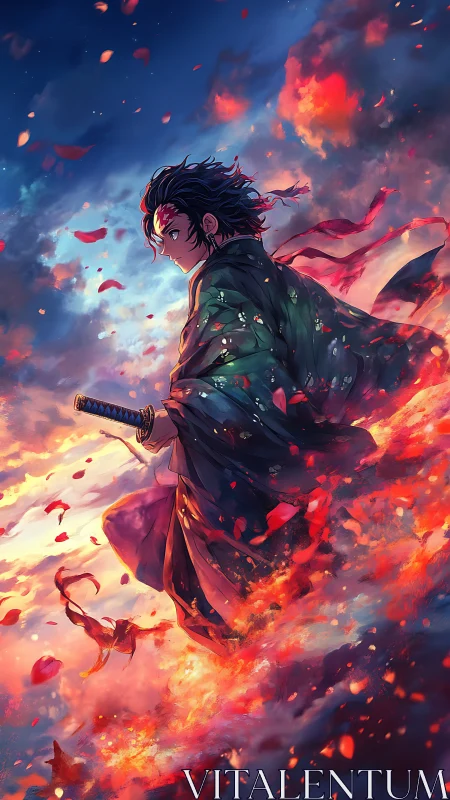 Sword-bearing figure in floral robe amid drifting embers.