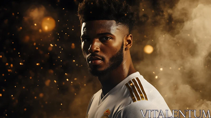 Portrait of focused footballer amid golden smoke glow.