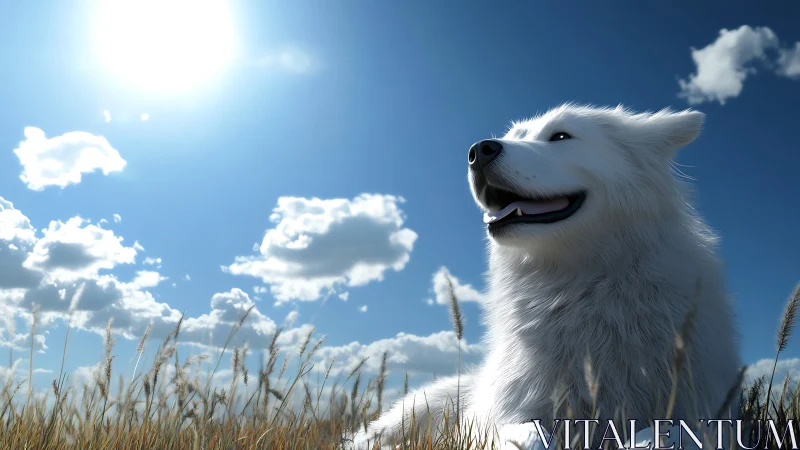 White dog in tall grass under midday sun and clouds.