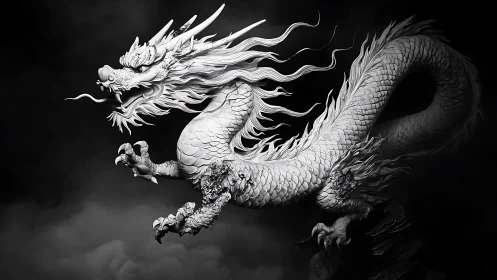 High-contrast monochrome 3D render of coiled Eastern dragon.