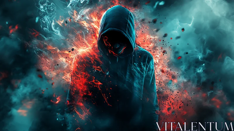 Mysterious hooded figure glowing in fiery blue smoke.