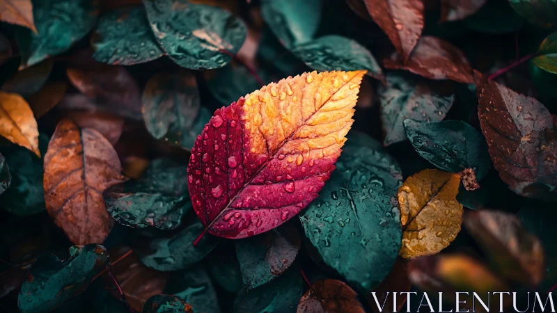 Bicolor autumn leaf holds raindrops over dark wet foliage