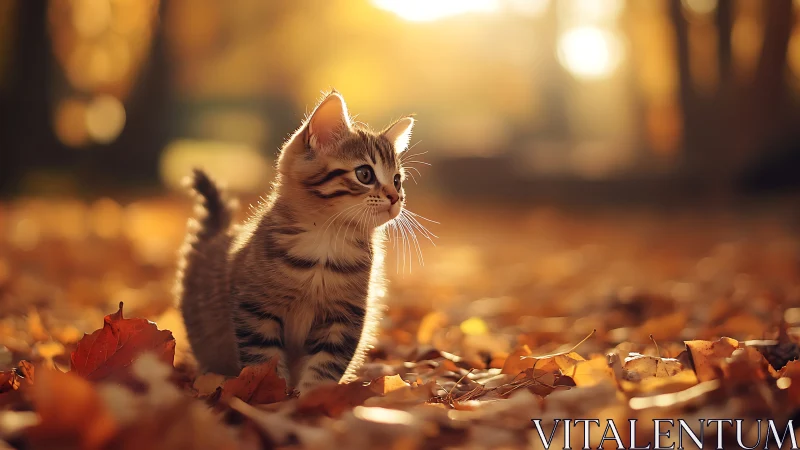 Tabby kitten in autumn leaves with warm golden light.