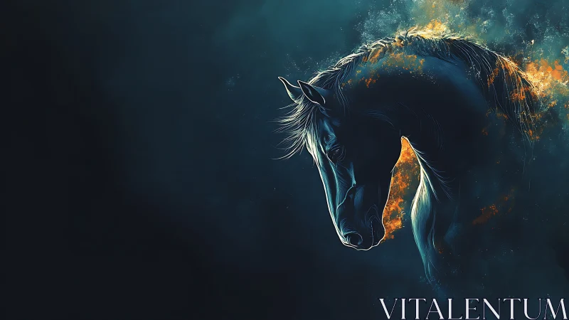Fiery ethereal horse head emerging from dark teal void