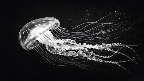 Translucent jellyfish glowing against deep black background.