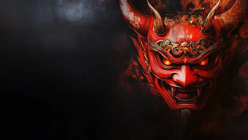 Crimson oni mask erupts from darkness with molten fury