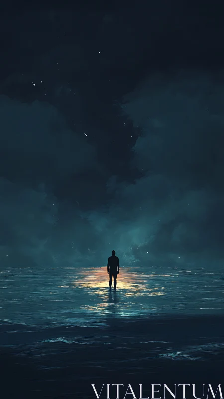 Solitary silhouette on luminous horizon, digital nocturne composition.