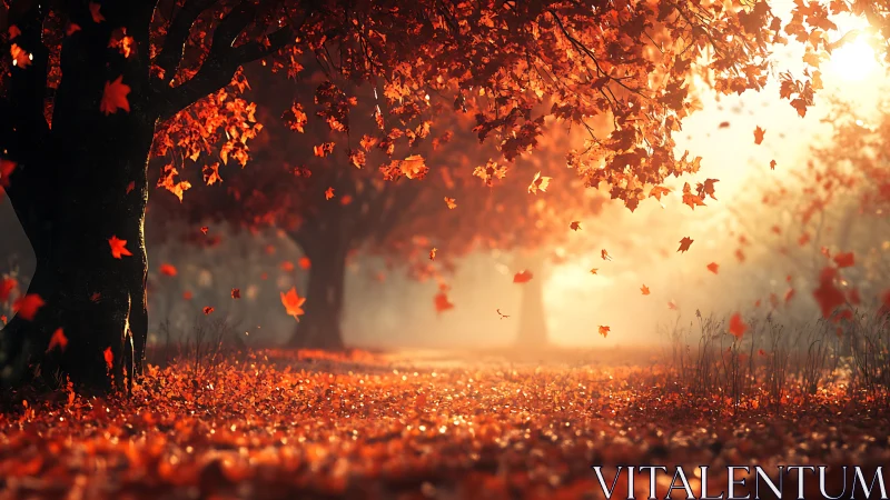 Backlit autumn trees frame a leaf-strewn forest path in haze