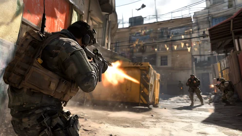 Urban tactical firefight with soldiers in dynamic crossfire.