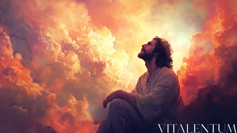 Man in white robe looking upward amid glowing clouds.