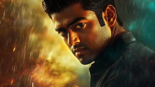 Intense cinematic portrait of a man in glowing storm light