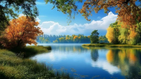 Peaceful autumn lake reflecting bright trees and blue sky.