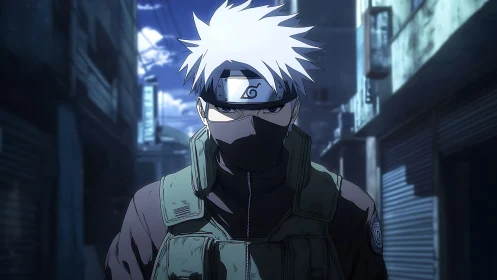 Calm masked ninja walks through a quiet midnight alleyway.