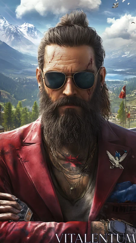 Brooding bearded rebel in red jacket against mountain sky.