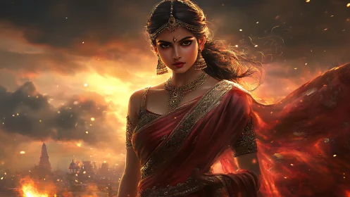 Regal woman in red saree before burning city skyline.