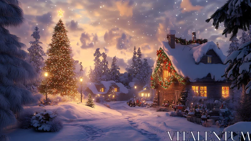 Snowlit cottage glows beneath a towering, starlit Christmas tree.