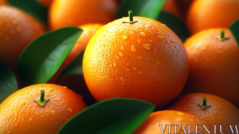 Close-up of fresh dewy oranges with vivid green leaves.