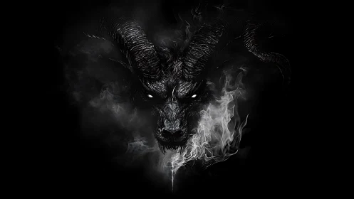 Demonic goat skull emerges from darkness with curling smoke