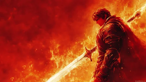 Blazing knight carves a path of resolve through molten dawn