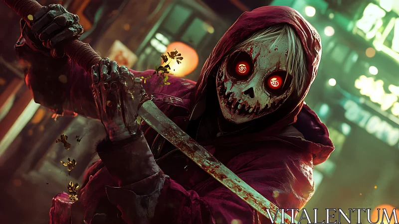 Masked skeletal figure grips bloodstained katana in neon alley