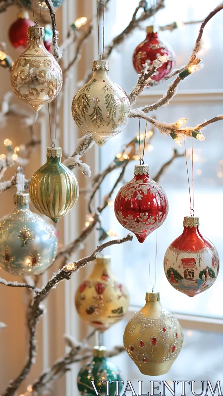 Vintage glass ornaments hang on frosted branches with warm bokeh