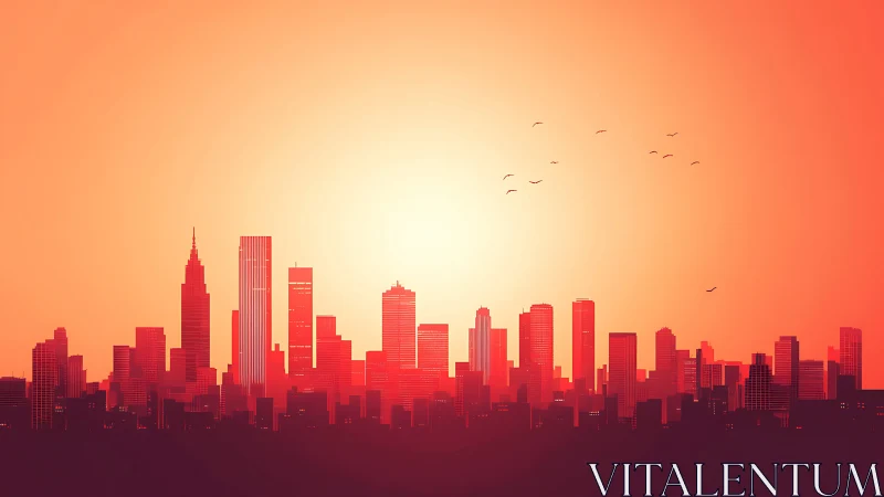 High-contrast vector skyline with radial gradient backlit sunset