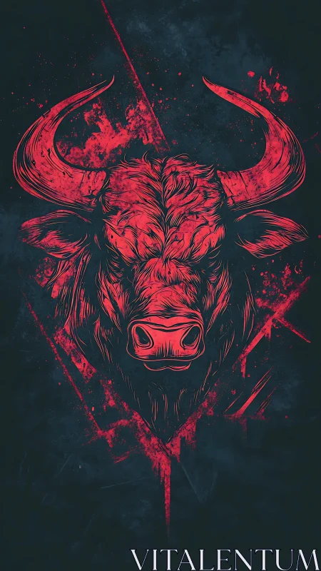 Vivid crimson bull head over dark grunge splatter field.