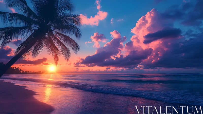 Gentle tropical sunset over calm, softly glowing shoreline.