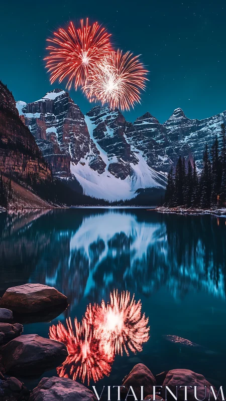 Fireworks explode above snowy mountain lake under night sky