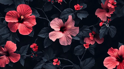 Red hibiscus flowers against dark foliage backdrop.