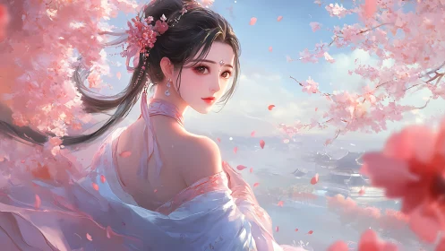 Spring blossoms circling a gentle gaze over distant waters.