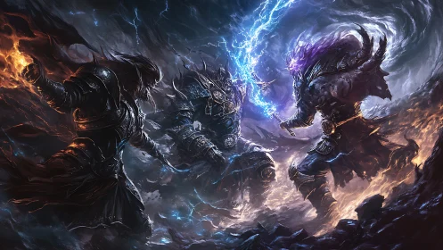 Elemental warlords clashing in stormlit arcane battlefield.