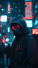 Cyberpunk hooded operative in neon-drenched cityscape portrait.
