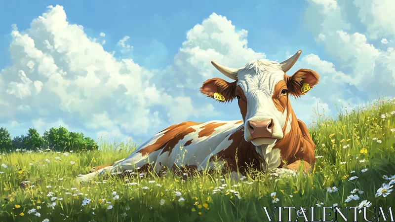 Sunlit meadow cow resting under storybook summer clouds.