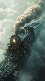 Steam locomotive crosses high bridge through dense clouds.