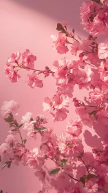Pink flowering branches against monochromatic sky backdrop.