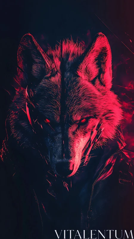 Cyberpunk lupine portrait in neon red dual-tone rendering.