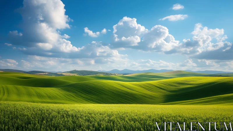 Rolling green wheat hills under stratocumulus cloud field in daylight