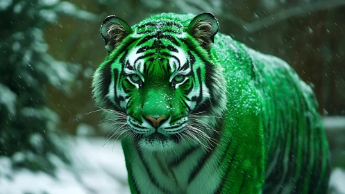 Emerald tiger advancing through softly falling snowstorm.