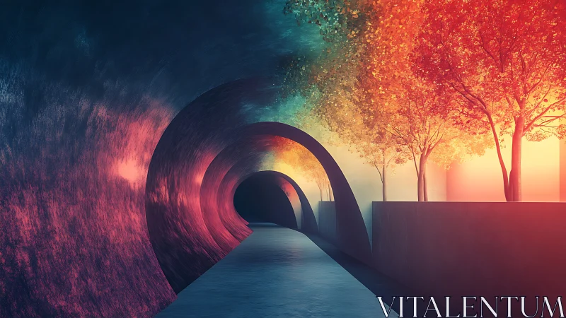 Curved tunnel corridor contrasts neon walls with luminous trees
