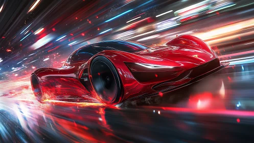 Electric scarlet hypercar ignites a neon speedstorm.