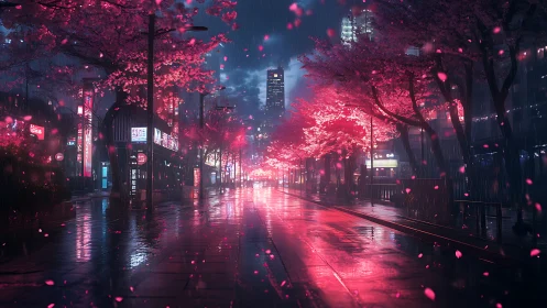 Rainy neon boulevard under glowing cherry blossom skies.