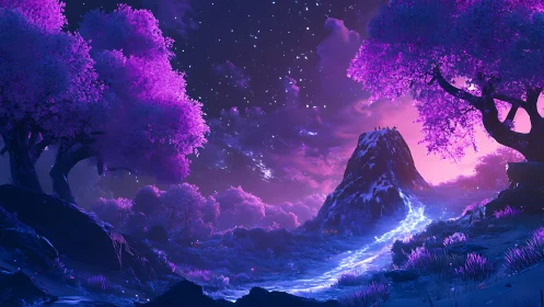 Starlit river of light climbs a violet mountain under dreaming skies