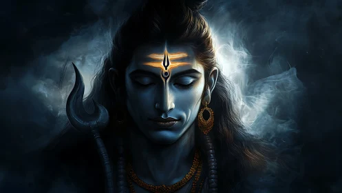 Divine blue-faced deity in meditative stillness amid smoke